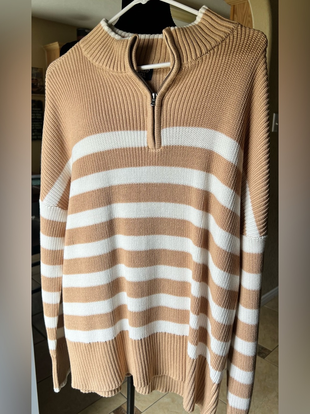 Lands' End Striped Cowl Half‑Zip Sweater in Camel and White